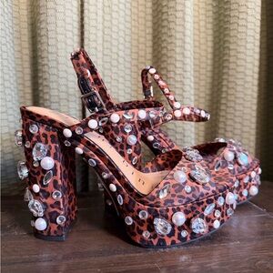 Gianni Bini Leopard Print Embellished Platform Heel Sandals - Brown